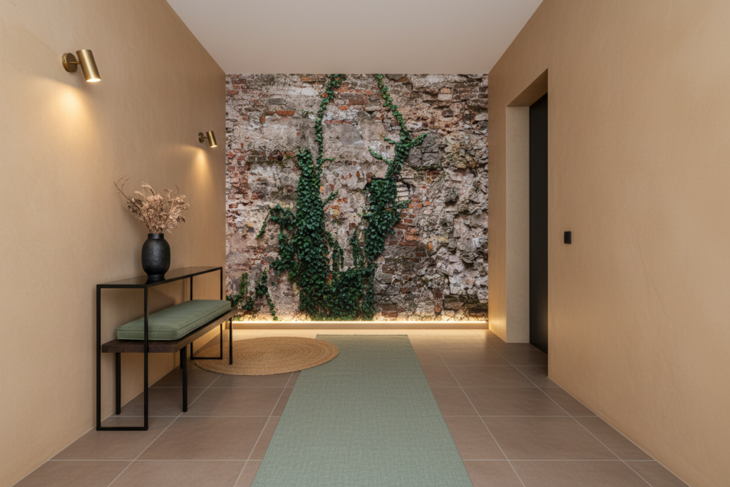 Papier Peint Mur de Pierre Ancien avec Lierre Grimpant Naturel - Couloir