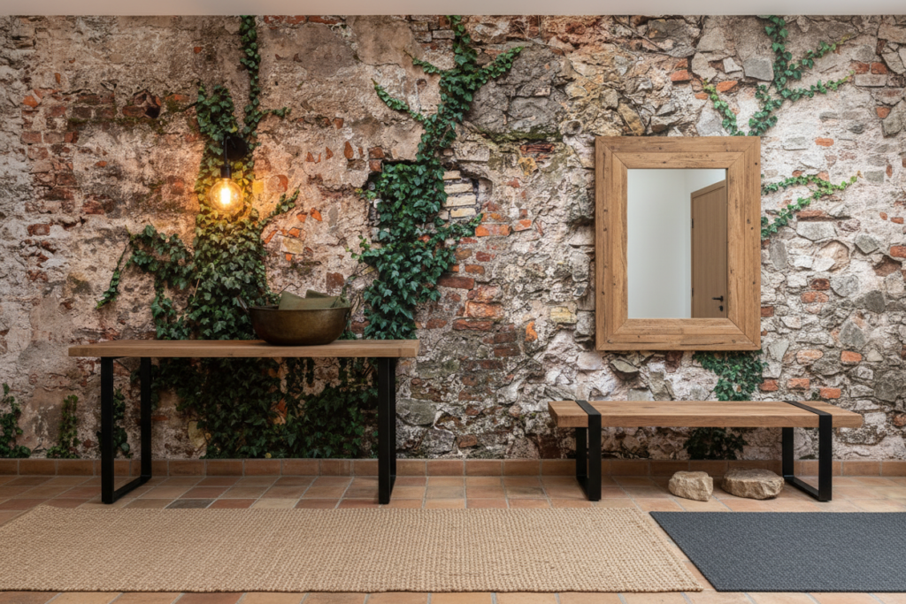 Papier Peint Mur de Pierre Ancien avec Lierre Grimpant Naturel - Entrée