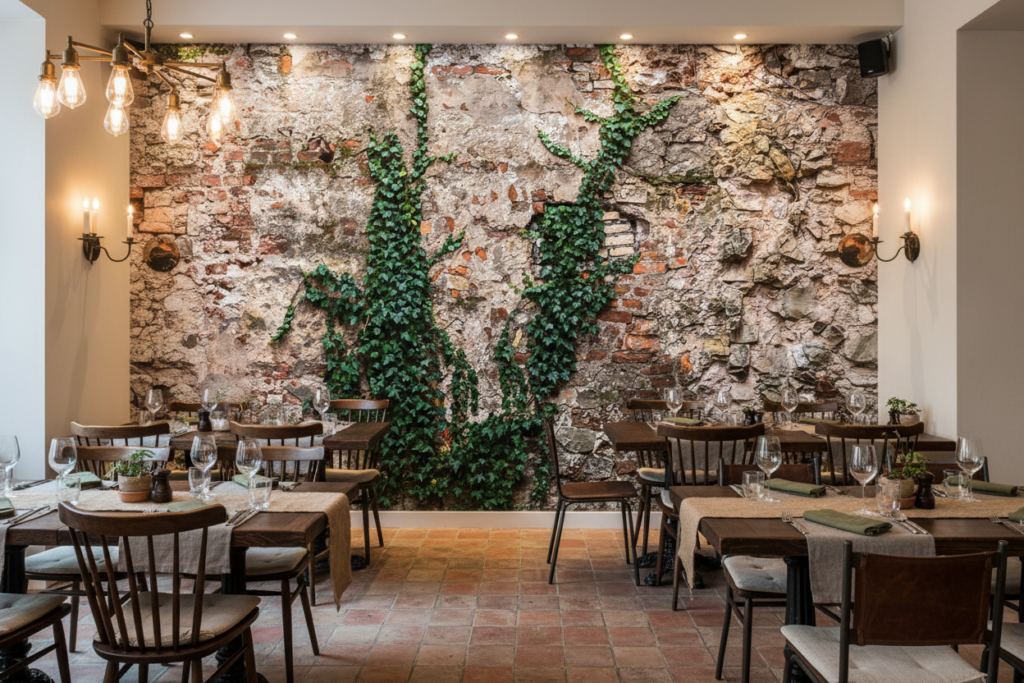 Papier Peint Mur de Pierre Ancien avec Lierre Grimpant Naturel - Restaurant