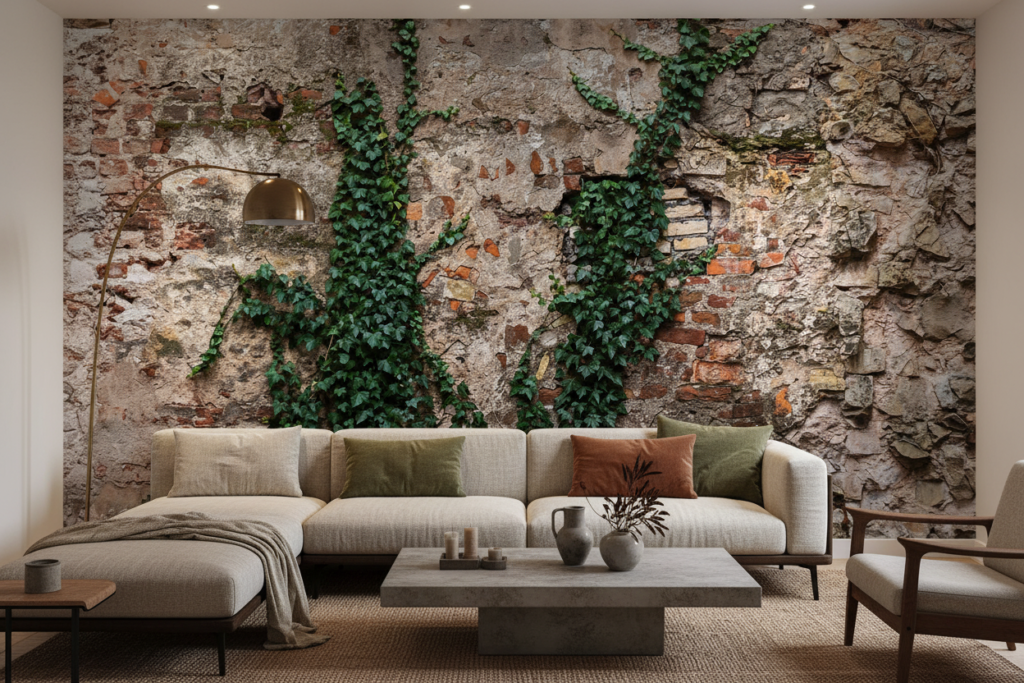 Papier Peint Mur de Pierre Ancien avec Lierre Grimpant Naturel - Salon / Séjour