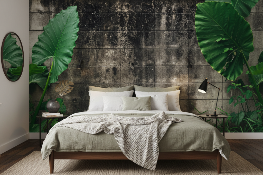 Papier peint mur végétal tropical feuilles vertes effet béton - Chambre adulte