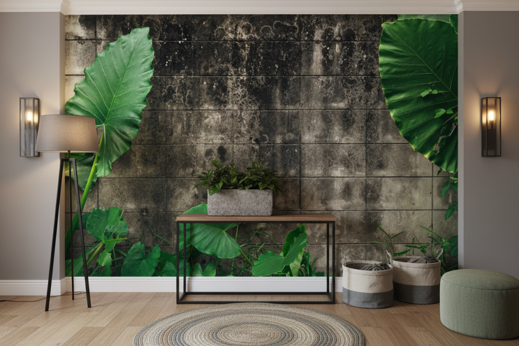 Papier peint mur végétal tropical feuilles vertes effet béton - Entrée