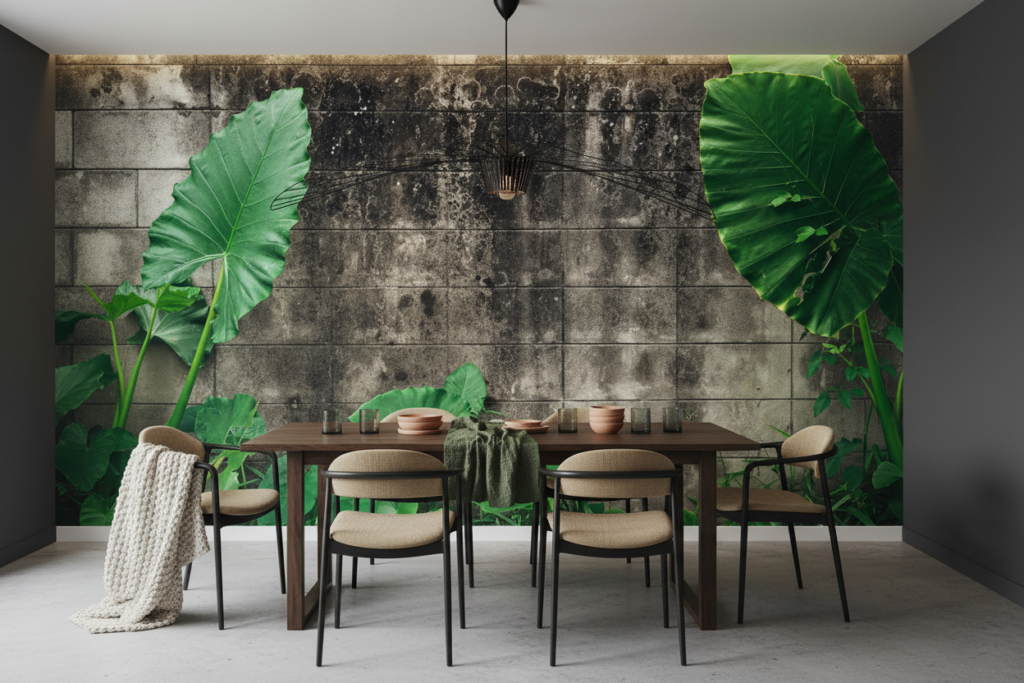 Papier peint mur végétal tropical feuilles vertes effet béton - Salle à manger