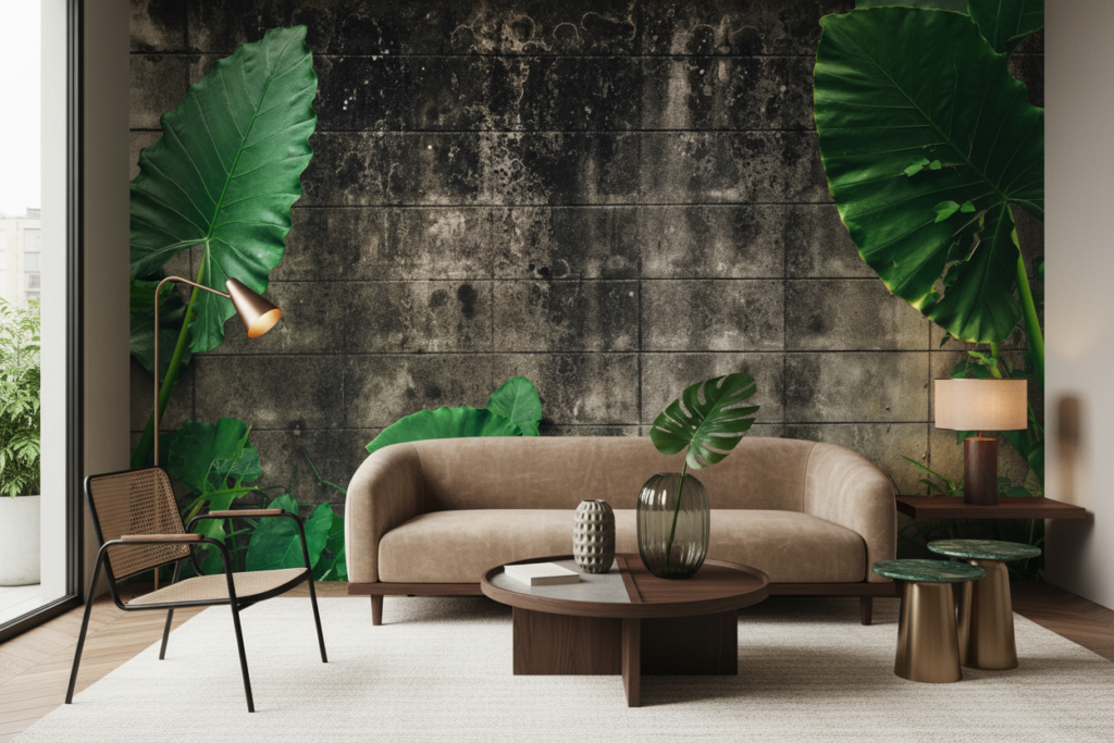 Papier peint mur végétal tropical feuilles vertes effet béton - Salon / Séjour