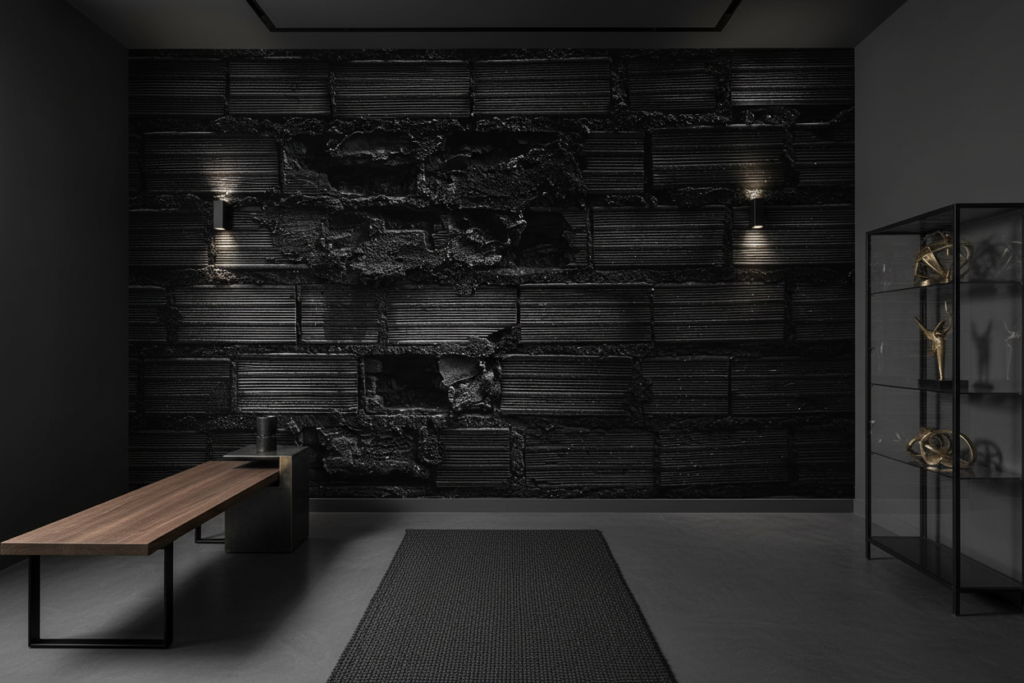 Papier Peint Mural Brique Industrielle Noire Texturée Relief - Couloir