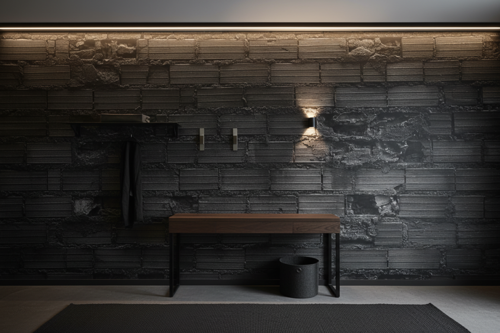 Papier Peint Mural Brique Industrielle Noire Texturée Relief - Entrée