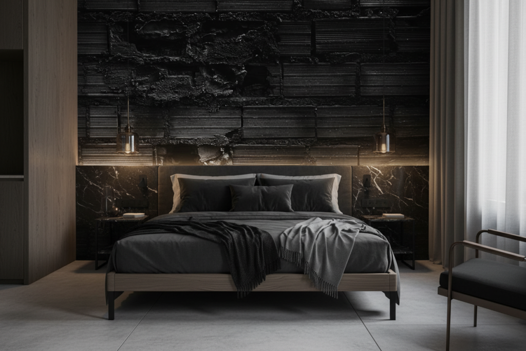 Papier Peint Mural Brique Industrielle Noire Texturée Relief - Hôtel