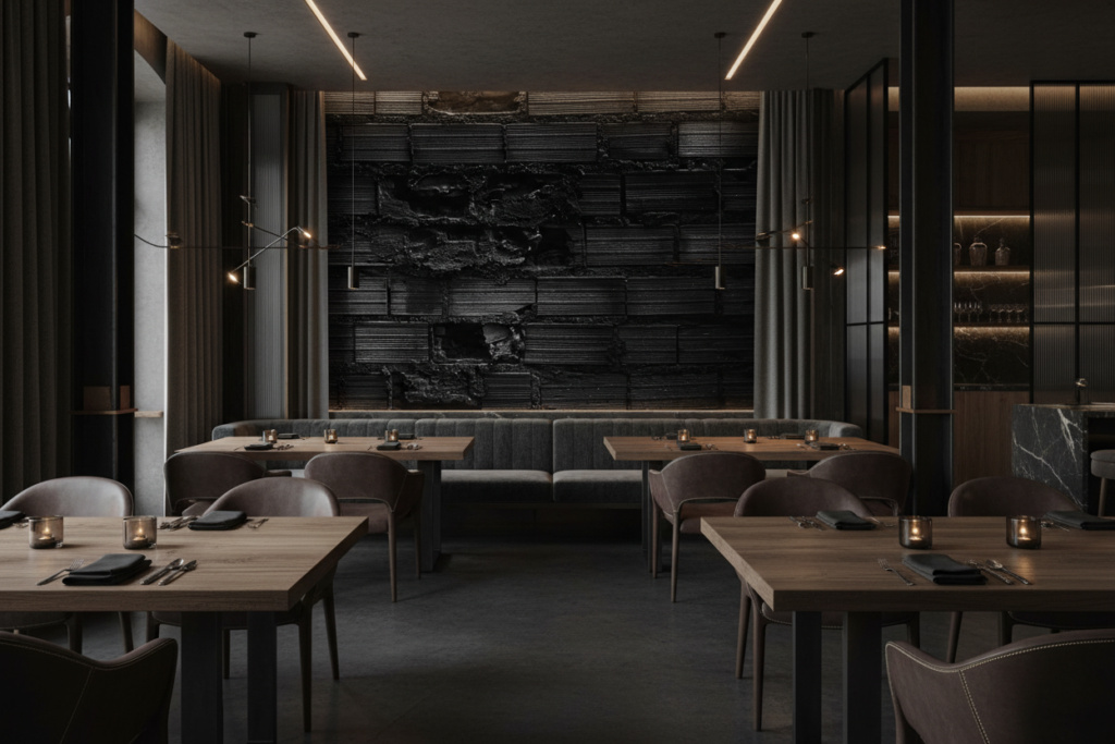 Papier Peint Mural Brique Industrielle Noire Texturée Relief - Restaurant