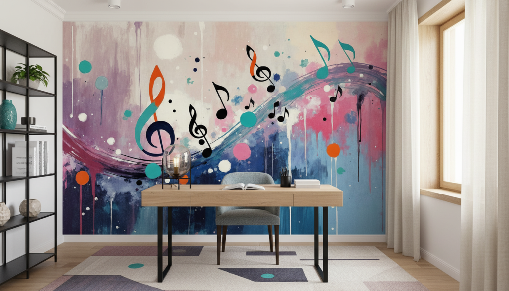 Papier peint musical abstrait aux notes colorées et ondulations artistiques - Bureau