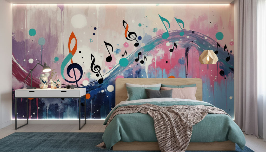 Papier peint musical abstrait aux notes colorées et ondulations artistiques - Chambre ado