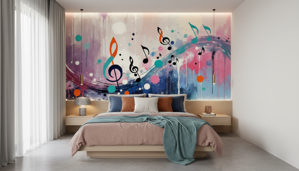 Papier peint musical abstrait aux notes colorées et ondulations artistiques - Chambre adulte