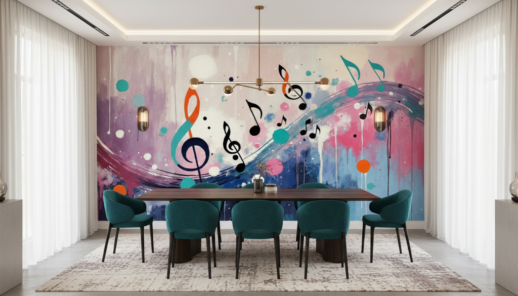 Papier peint musical abstrait aux notes colorées et ondulations artistiques - Salle à manger