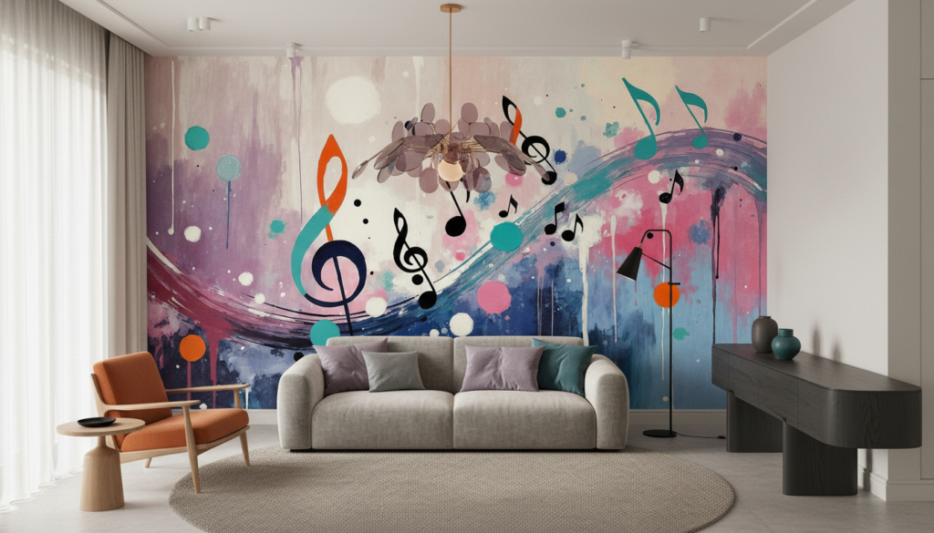 Papier peint musical abstrait aux notes colorées et ondulations artistiques - Salon / Séjour