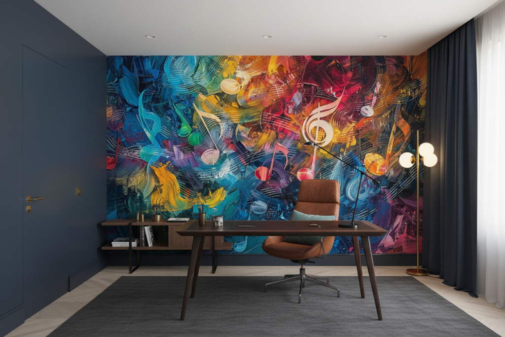 Papier Peint Musical Abstrait aux Notes Colorées et Dynamiques - Bureau