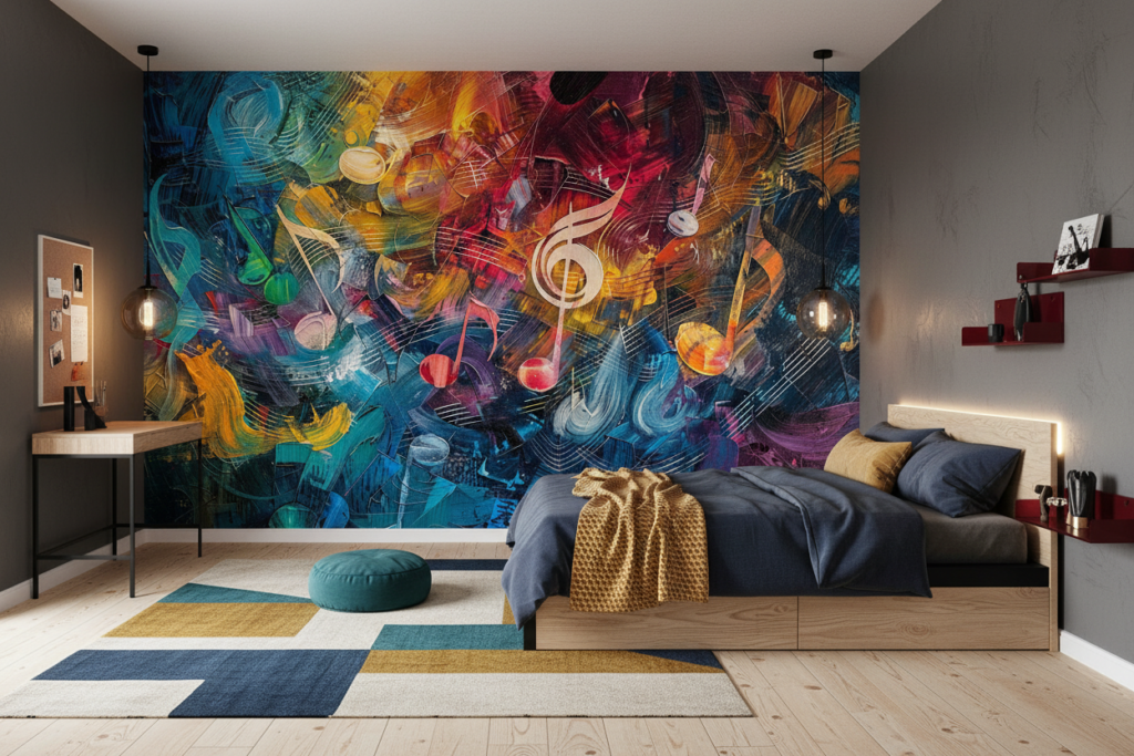 Papier Peint Musical Abstrait aux Notes Colorées et Dynamiques - Chambre ado