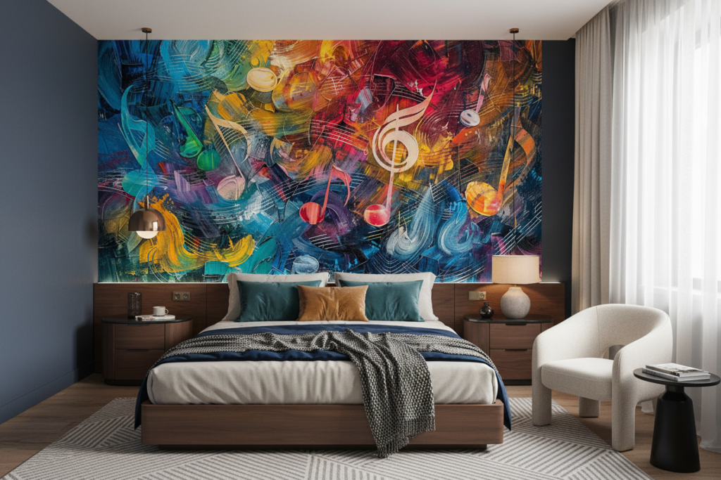 Papier Peint Musical Abstrait aux Notes Colorées et Dynamiques - Chambre adulte