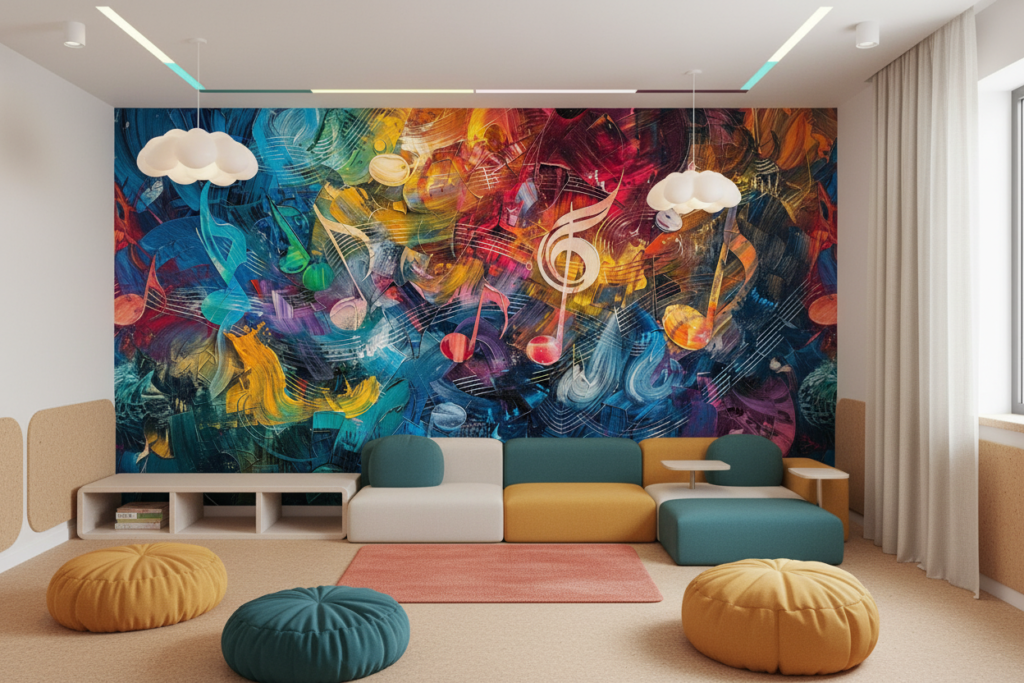 Papier Peint Musical Abstrait aux Notes Colorées et Dynamiques - Espace enfant (pro)
