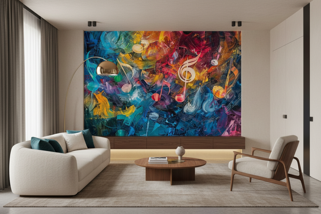 Papier Peint Musical Abstrait aux Notes Colorées et Dynamiques - Salon / Séjour