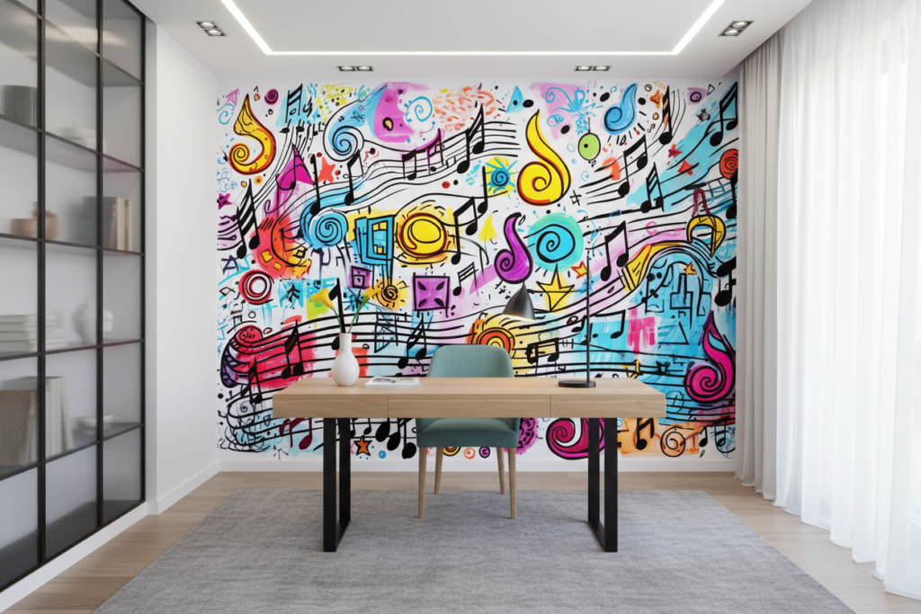 Papier peint musical abstrait coloré avec notes et portées dynamiques - Bureau