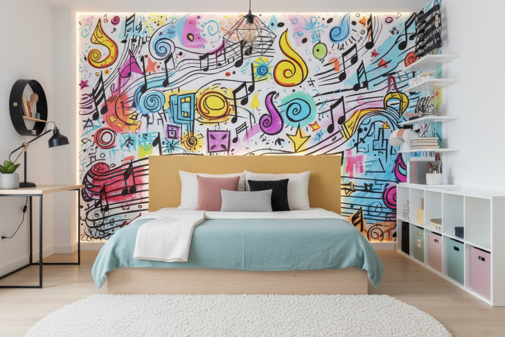 Papier peint musical abstrait coloré avec notes et portées dynamiques - Chambre ado