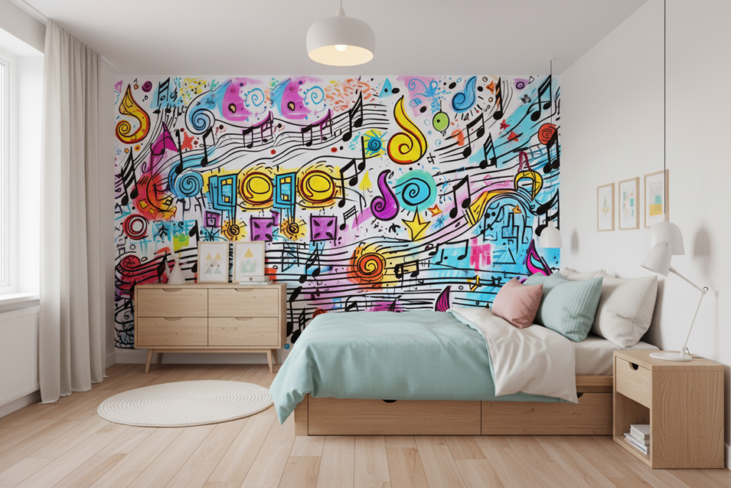 Papier peint musical abstrait coloré avec notes et portées dynamiques - Chambre enfant
