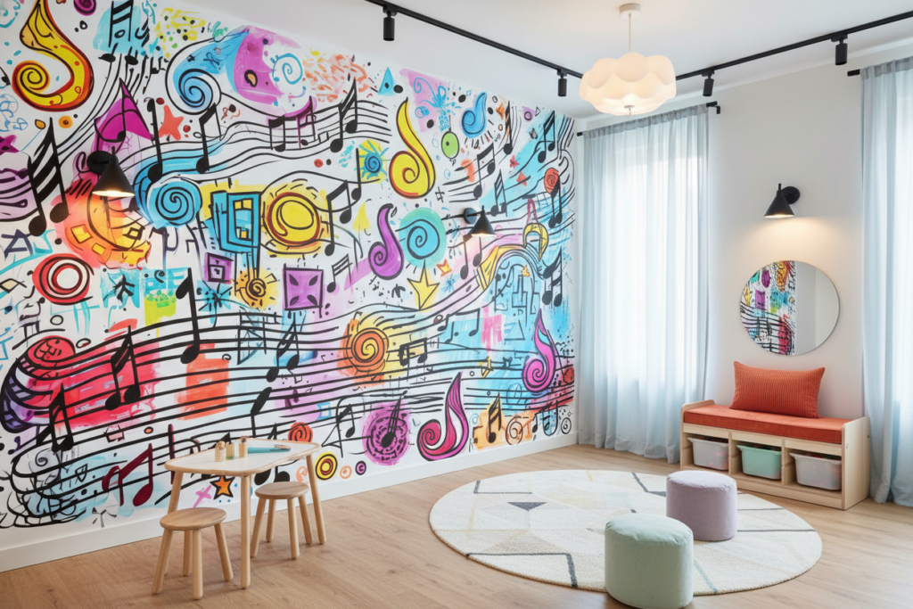 Papier peint musical abstrait coloré avec notes et portées dynamiques - Espace enfant (pro)