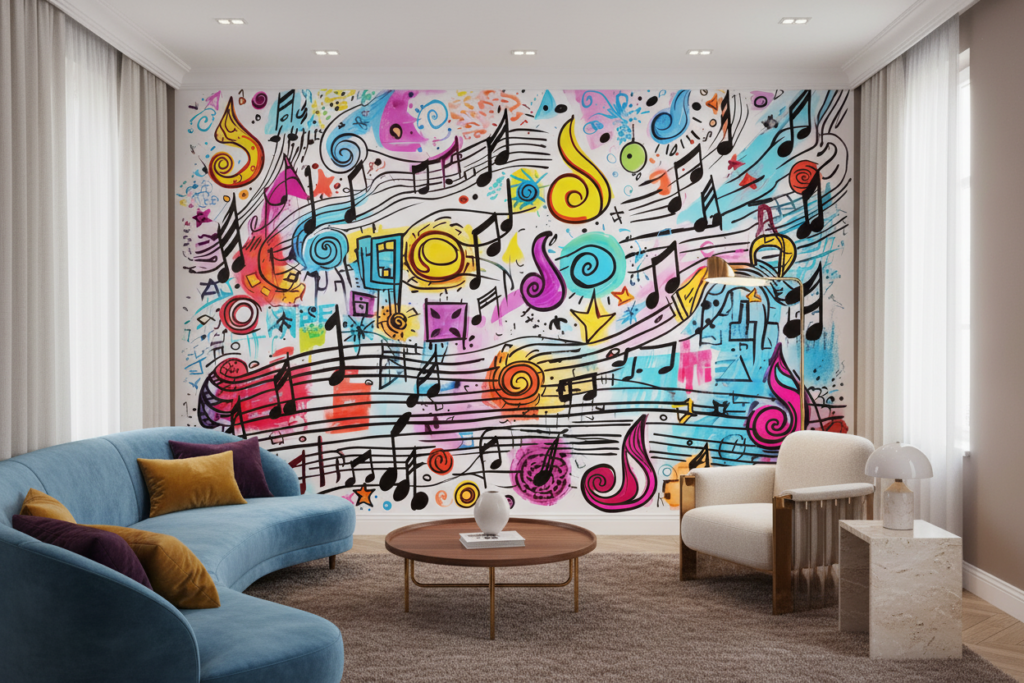 Papier peint musical abstrait coloré avec notes et portées dynamiques - Salon / Séjour