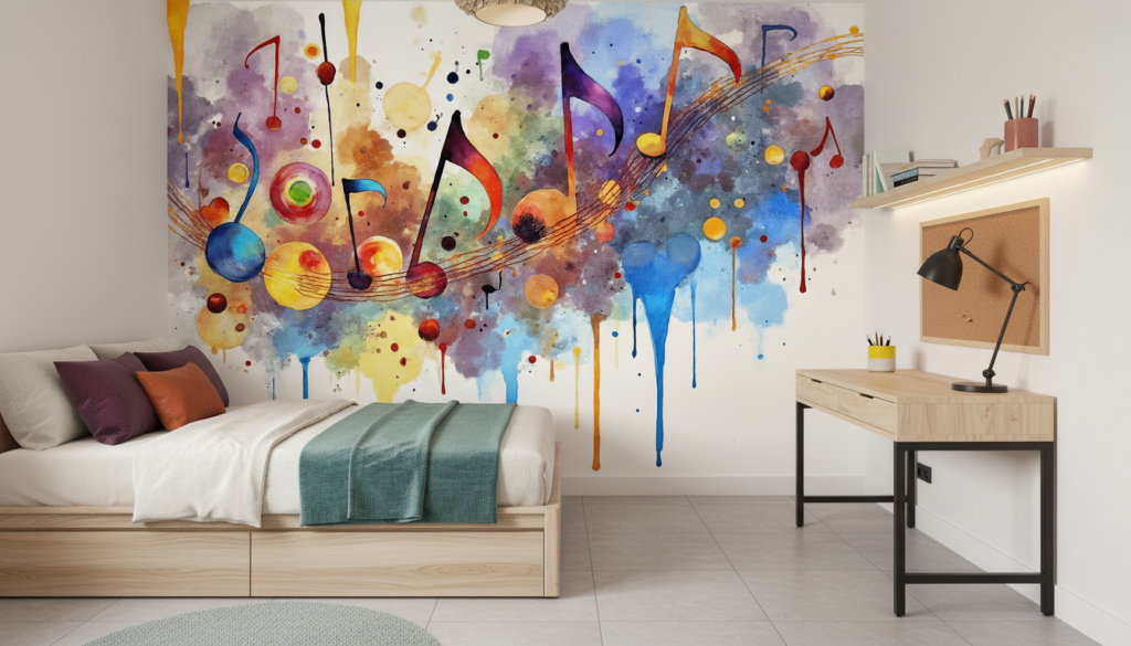 Papier Peint Musical Abstrait Explosion de Couleurs Aquarelle - Chambre ado