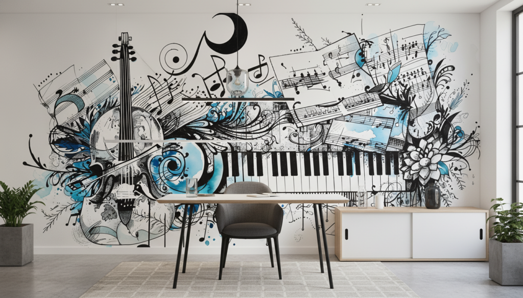 Papier Peint Musical Abstrait Piano Violon Partition Bleu Noir - Bureau
