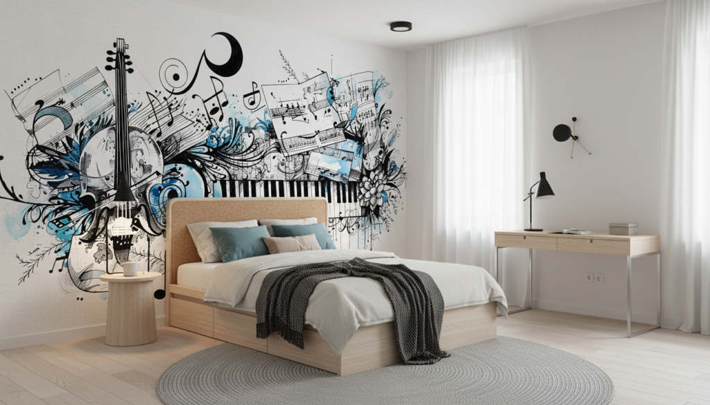 Papier Peint Musical Abstrait Piano Violon Partition Bleu Noir - Chambre ado