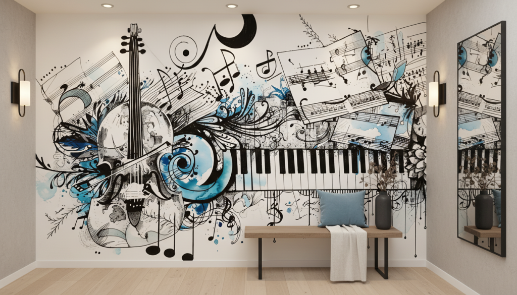 Papier Peint Musical Abstrait Piano Violon Partition Bleu Noir - Couloir