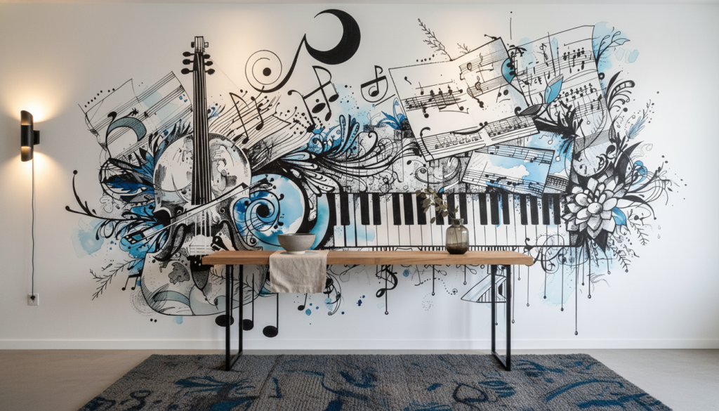 Papier Peint Musical Abstrait Piano Violon Partition Bleu Noir - Entrée