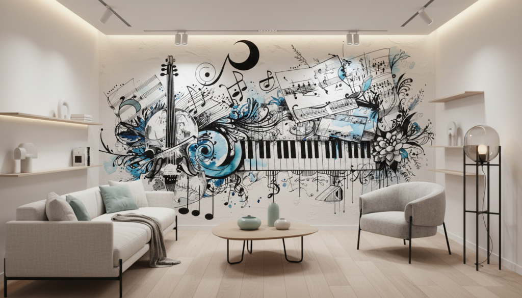Papier Peint Musical Abstrait Piano Violon Partition Bleu Noir - Salon / Séjour