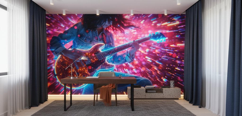 Papier Peint Musical Électrique Guitare Néon Lumières Colorées - Bureau