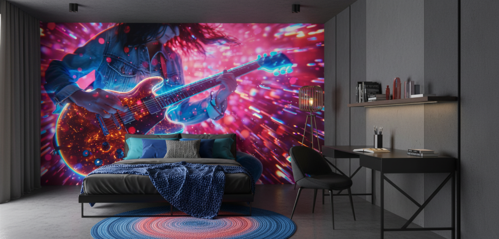 Papier Peint Musical Électrique Guitare Néon Lumières Colorées - Chambre ado