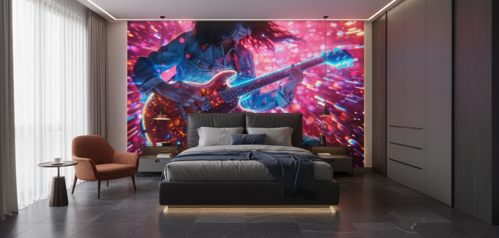 Papier Peint Musical Électrique Guitare Néon Lumières Colorées - Chambre adulte