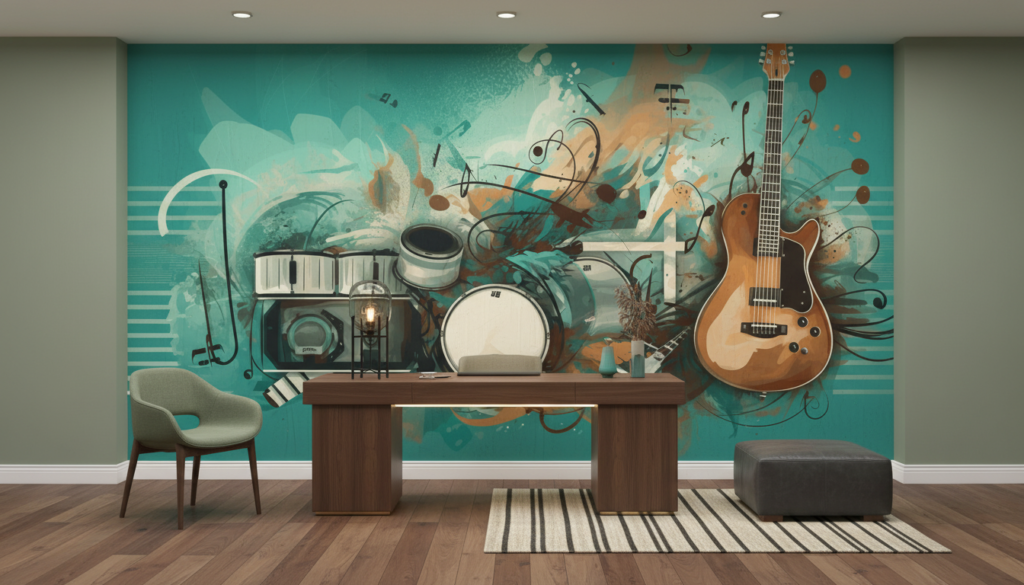 Papier peint musical créatif avec instruments sur fond turquoise artistique - Bureau