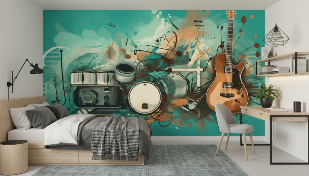 Papier peint musical créatif avec instruments sur fond turquoise artistique - Chambre ado