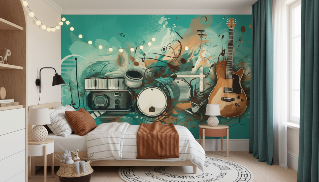Papier peint musical créatif avec instruments sur fond turquoise artistique - Chambre enfant