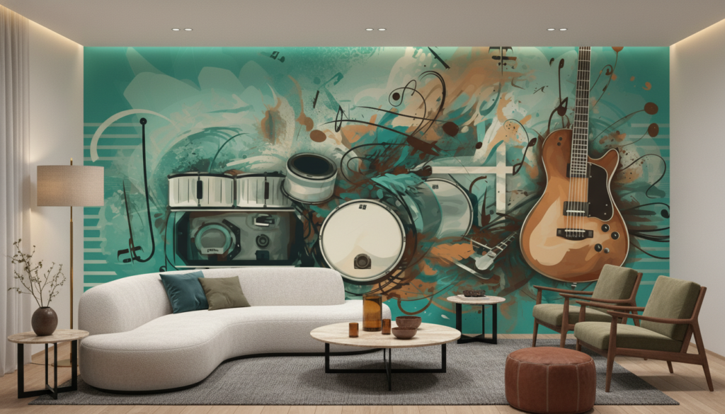 Papier peint musical créatif avec instruments sur fond turquoise artistique - Salon / Séjour