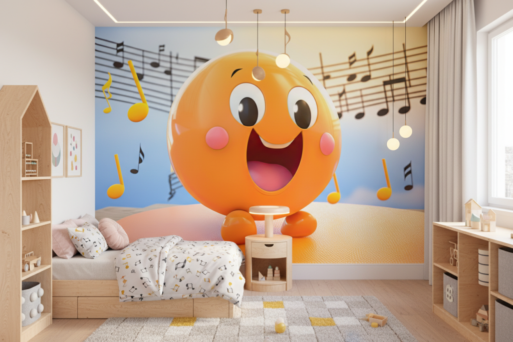 Papier Peint Musical Emoji Orange Joyeux Ambiance Enfantine - Chambre enfant