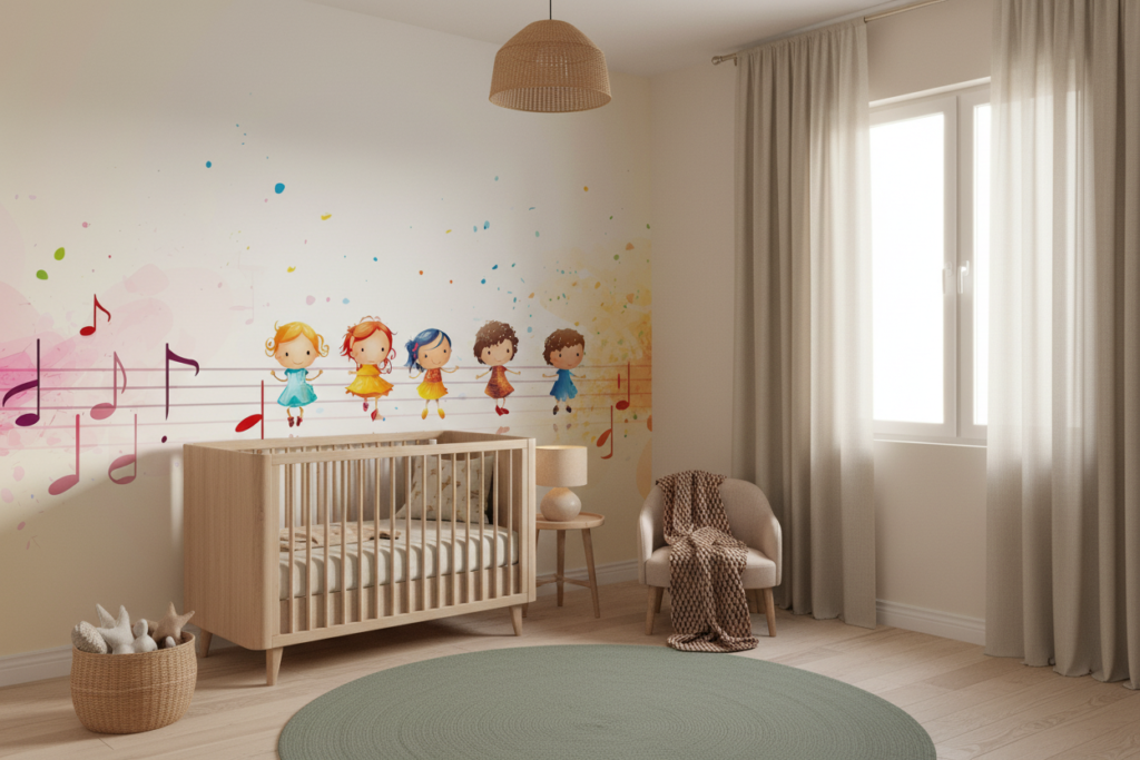 Papier Peint Musical Enfants Danseurs Coloré Aquarelle Arc-en-Ciel - Chambre bébé