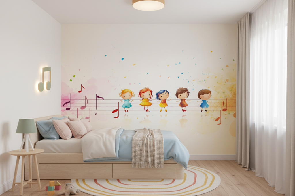 Papier Peint Musical Enfants Danseurs Coloré Aquarelle Arc-en-Ciel - Chambre enfant