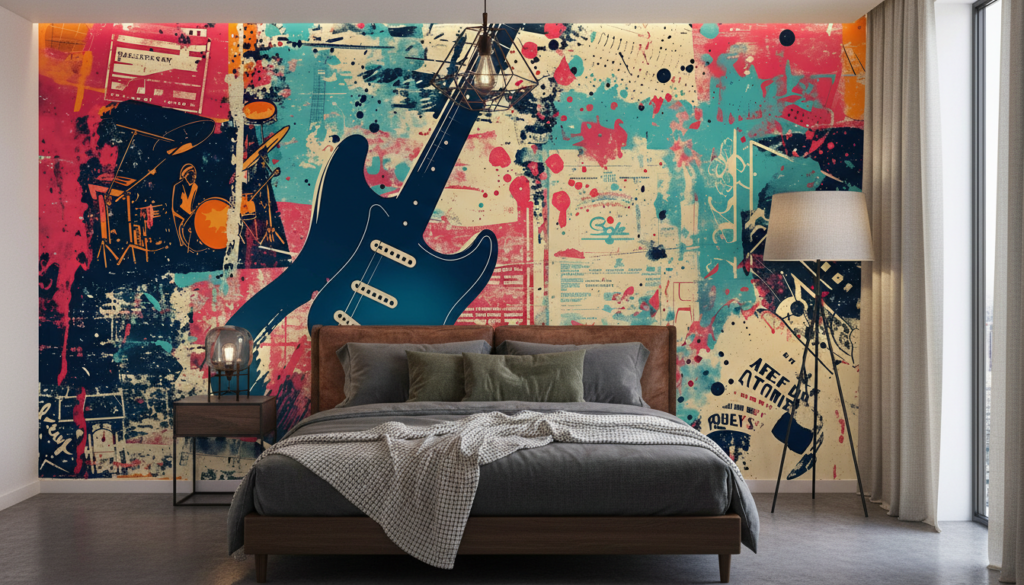 Papier Peint Musical Grunge Art Rock Guitare Électrique Vintage - Chambre adulte