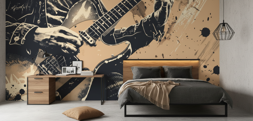 Papier Peint Musical Guitare Électrique Style Grunge Vintage - Chambre ado