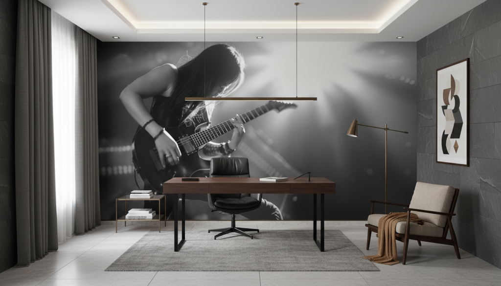 Papier peint musical noir et blanc guitare électrique artistique - Bureau