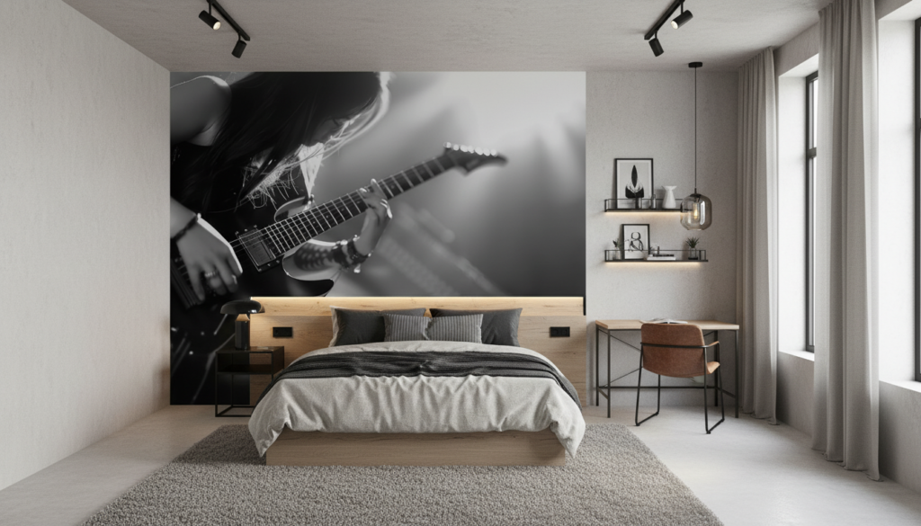 Papier peint musical noir et blanc guitare électrique artistique - Chambre ado