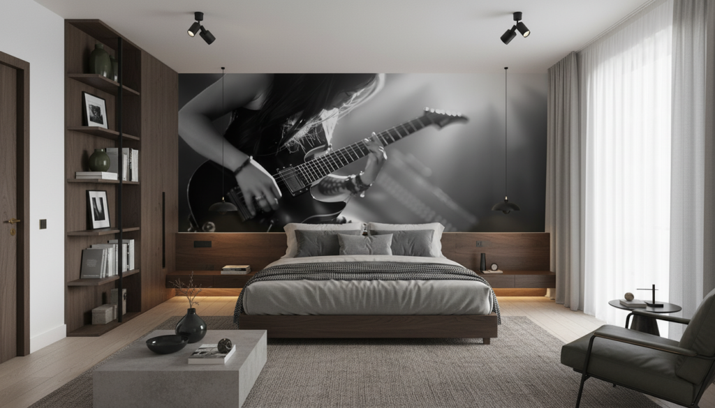 Papier peint musical noir et blanc guitare électrique artistique - Chambre adulte