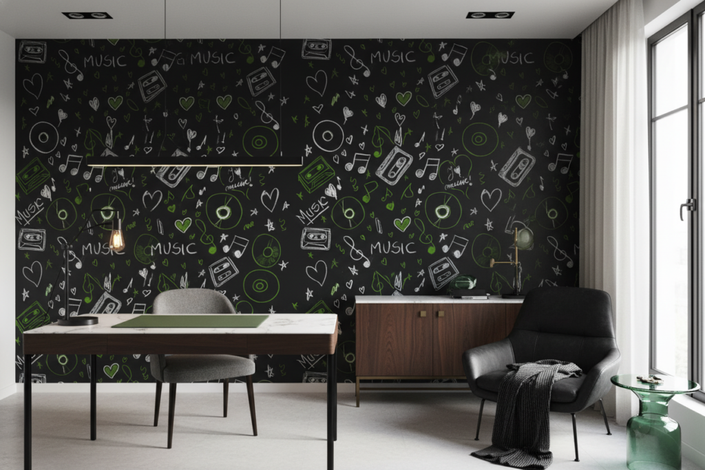 Papier Peint Musical Rétro Chalk Art Vert et Blanc - Bureau