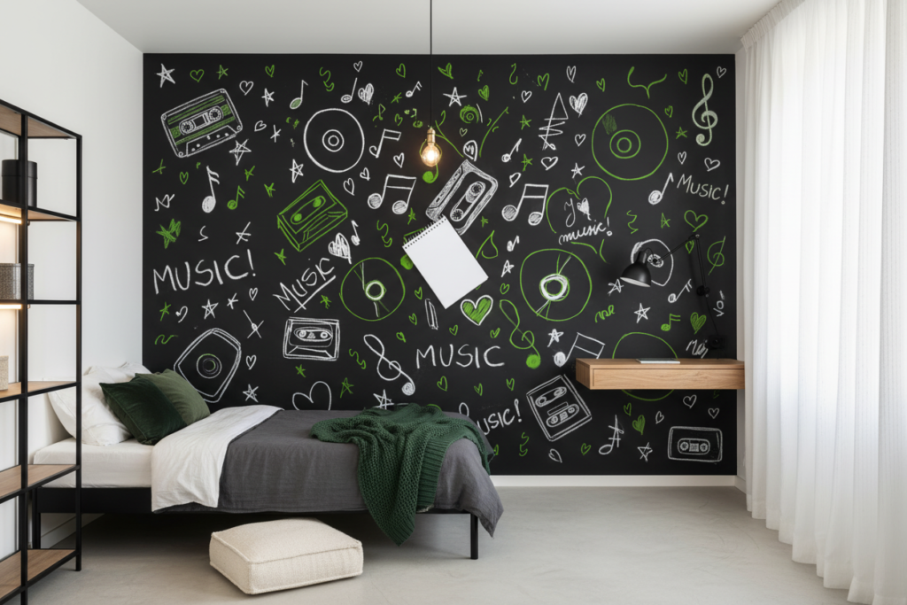 Papier Peint Musical Rétro Chalk Art Vert et Blanc - Chambre ado